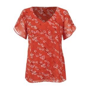 CAbi Cherry Blossom Blouse Womens Large Floral Orange Feminine 5712 Sheer Layers